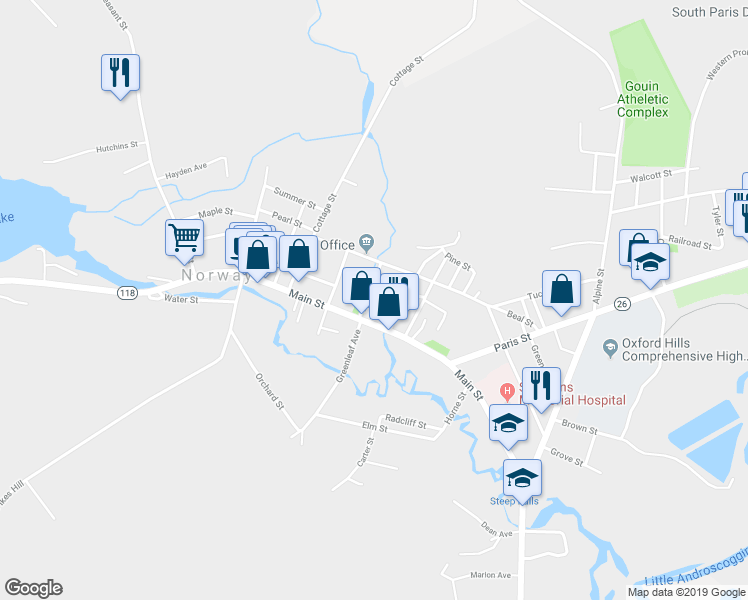 map of restaurants, bars, coffee shops, grocery stores, and more near 243 Main Street in Norway