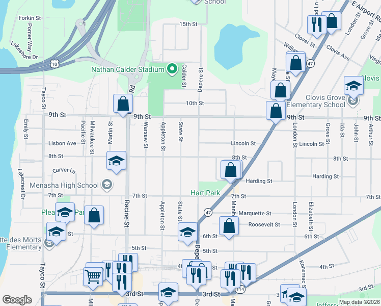 map of restaurants, bars, coffee shops, grocery stores, and more near 747 Depere Street in Menasha