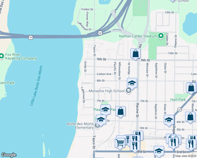 map of restaurants, bars, coffee shops, grocery stores, and more near 308 8th Street in Menasha