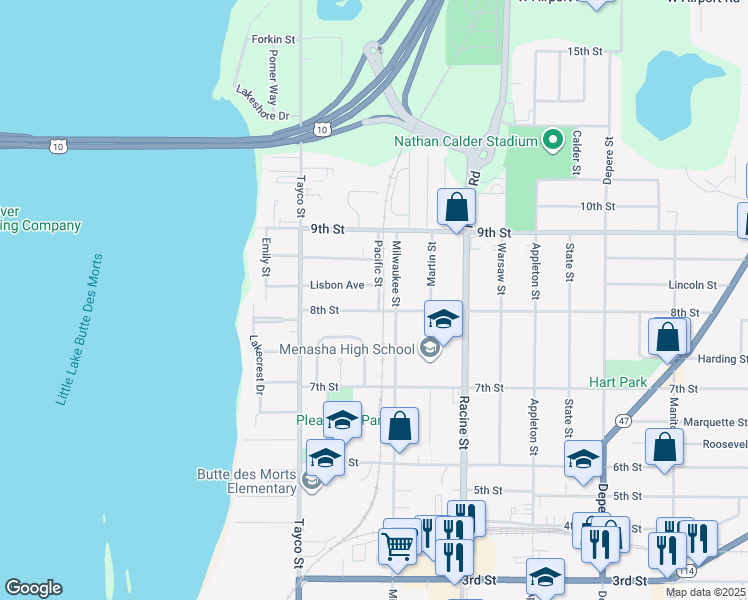 map of restaurants, bars, coffee shops, grocery stores, and more near 348 Lisbon Avenue in Menasha