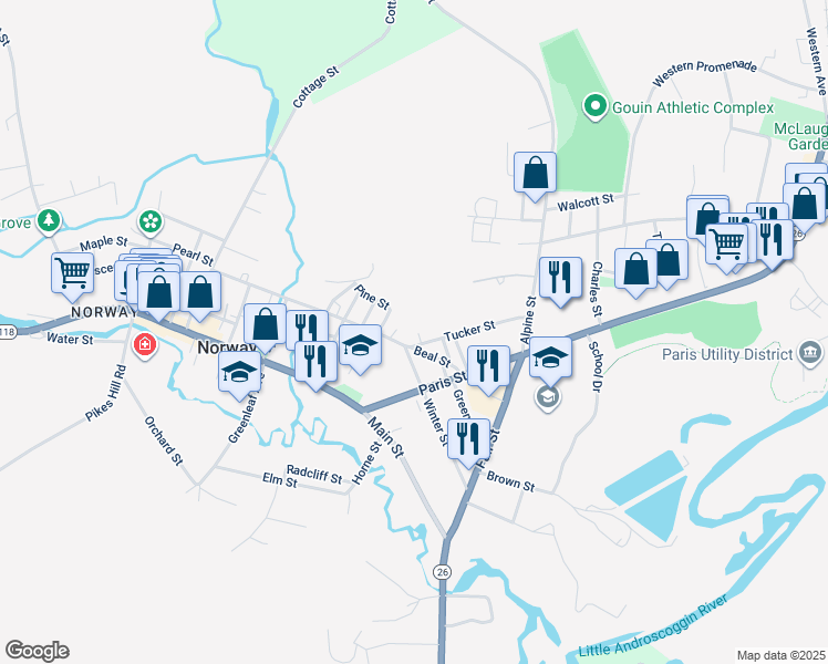 map of restaurants, bars, coffee shops, grocery stores, and more near 13 Hazen Street in Norway