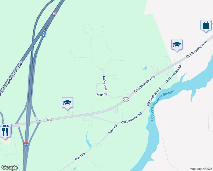 map of restaurants, bars, coffee shops, grocery stores, and more near 25 Maloy Avenue in West Gardiner