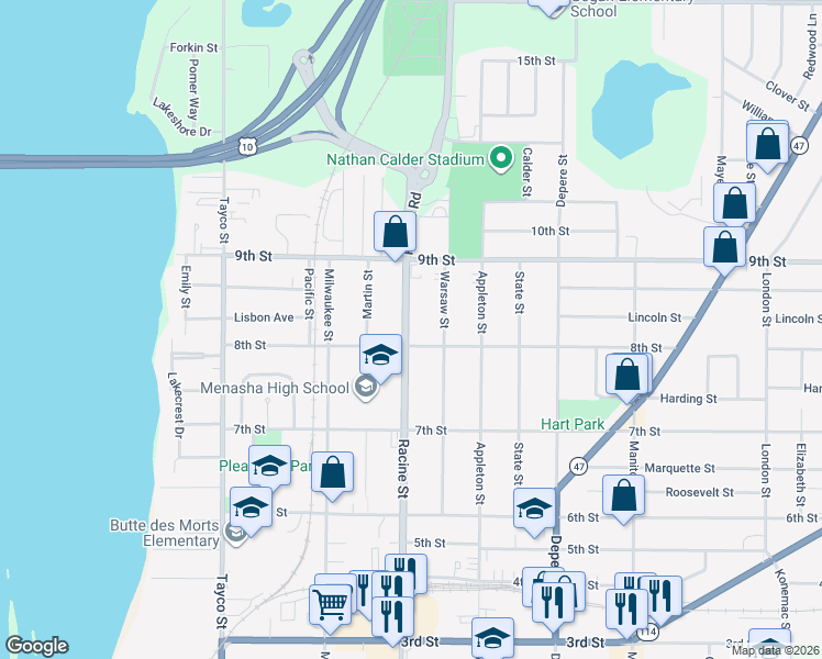 map of restaurants, bars, coffee shops, grocery stores, and more near 819 Racine Street in Menasha