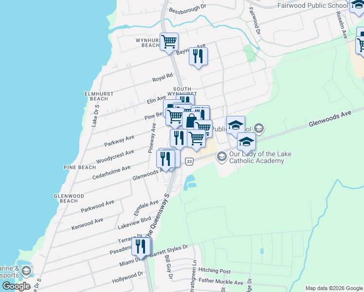 map of restaurants, bars, coffee shops, grocery stores, and more near 455 The Queensway South in Georgina