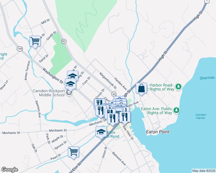 map of restaurants, bars, coffee shops, grocery stores, and more near 17 Mountain Street in Camden