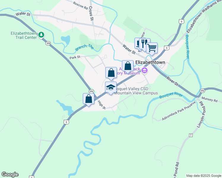 map of restaurants, bars, coffee shops, grocery stores, and more near Court Street in Elizabethtown