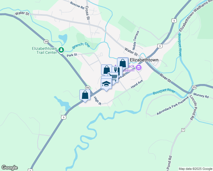 map of restaurants, bars, coffee shops, grocery stores, and more near Court Street in Elizabethtown