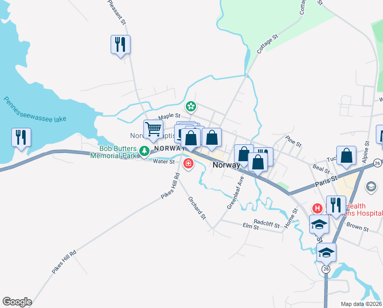 map of restaurants, bars, coffee shops, grocery stores, and more near 457 Main Street in Norway