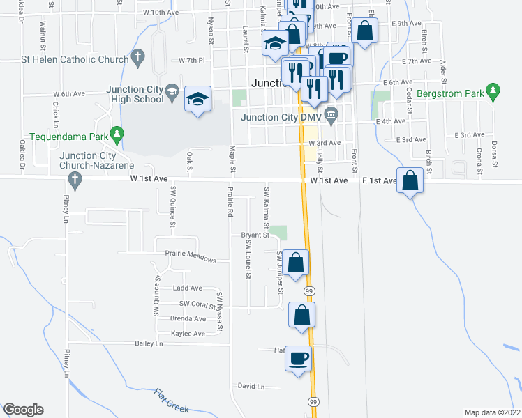 map of restaurants, bars, coffee shops, grocery stores, and more near 205 Southwest Kalmia Street in Junction City