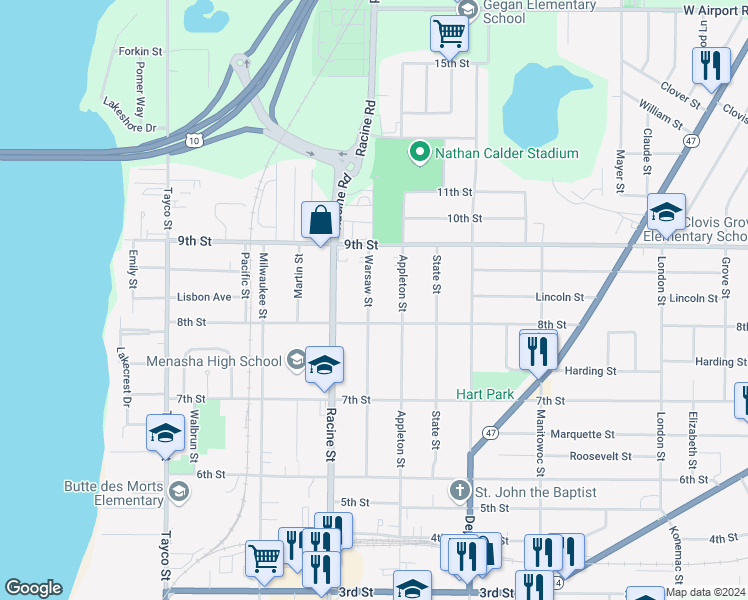 map of restaurants, bars, coffee shops, grocery stores, and more near 825 Warsaw Street in Menasha