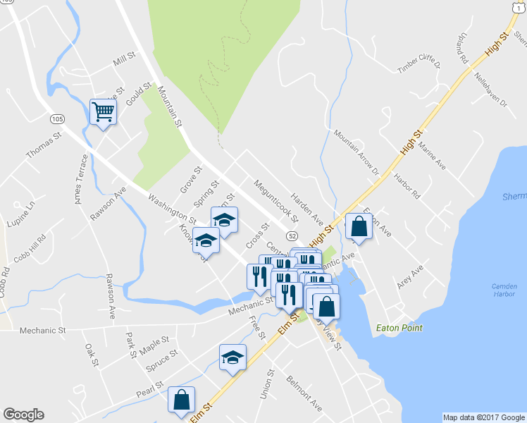 map of restaurants, bars, coffee shops, grocery stores, and more near 25 Mountain Street in Camden
