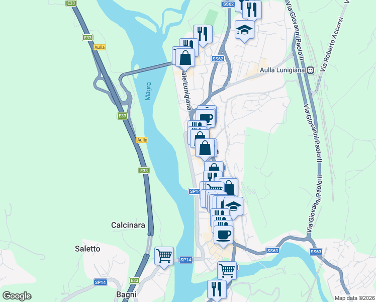 map of restaurants, bars, coffee shops, grocery stores, and more near 93 Piazza 8 Marzo in Aulla