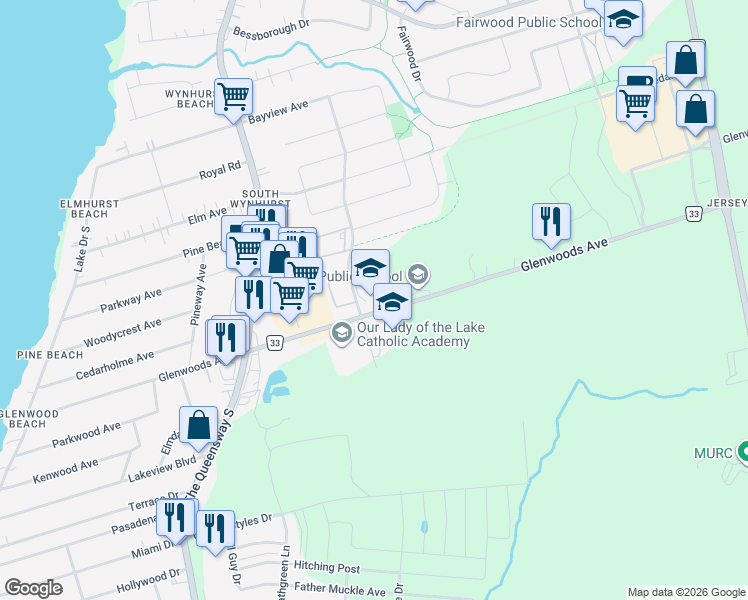map of restaurants, bars, coffee shops, grocery stores, and more near 1 Lowndes Avenue in Georgina