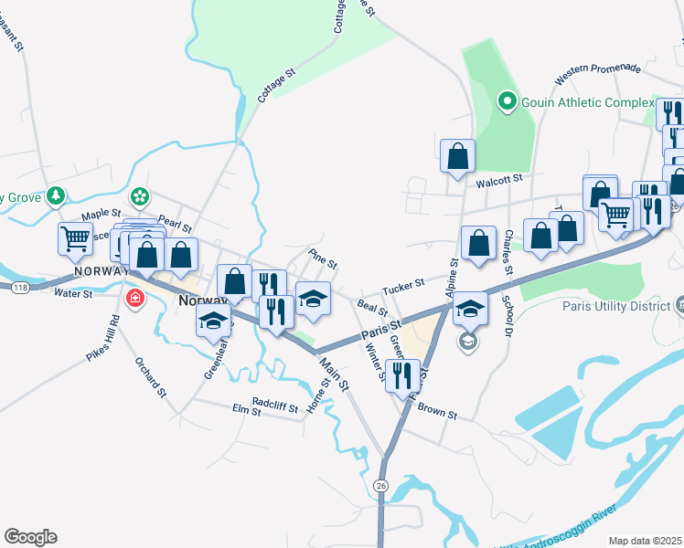 map of restaurants, bars, coffee shops, grocery stores, and more near 13 Hazen Street in Norway