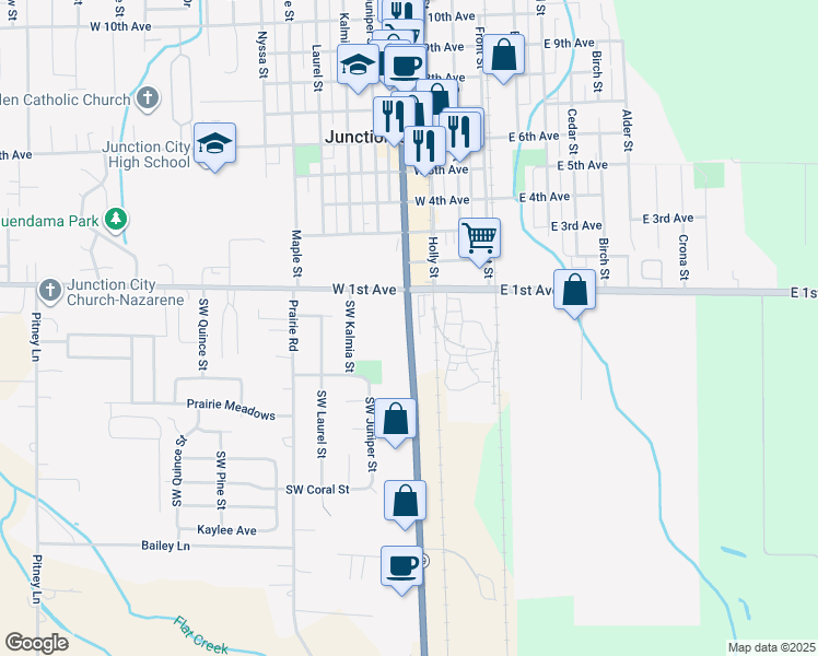 map of restaurants, bars, coffee shops, grocery stores, and more near 93761 State Highway 99 North in Junction City