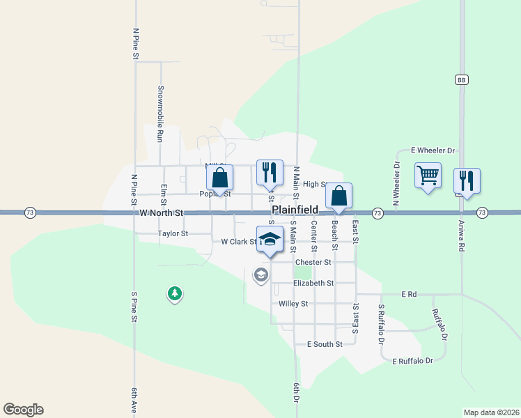 map of restaurants, bars, coffee shops, grocery stores, and more near 218 West North Street in Plainfield