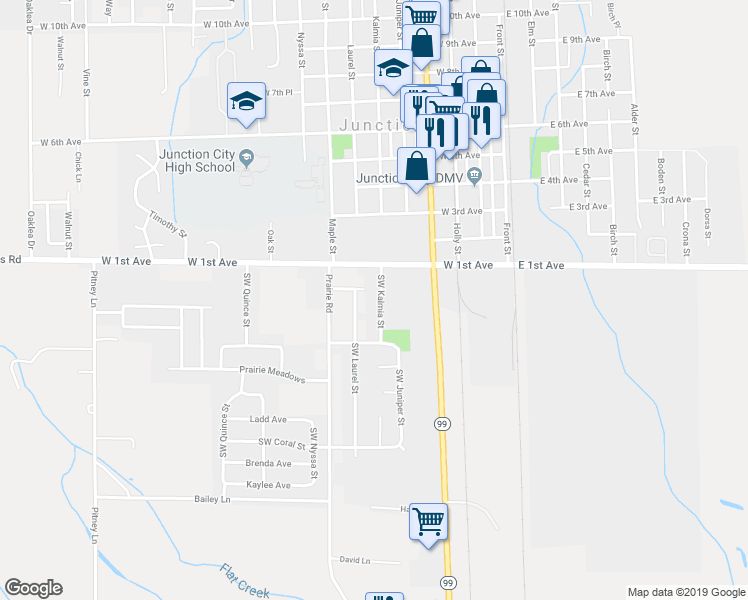 map of restaurants, bars, coffee shops, grocery stores, and more near 185 Southwest Kalmia Street in Junction City