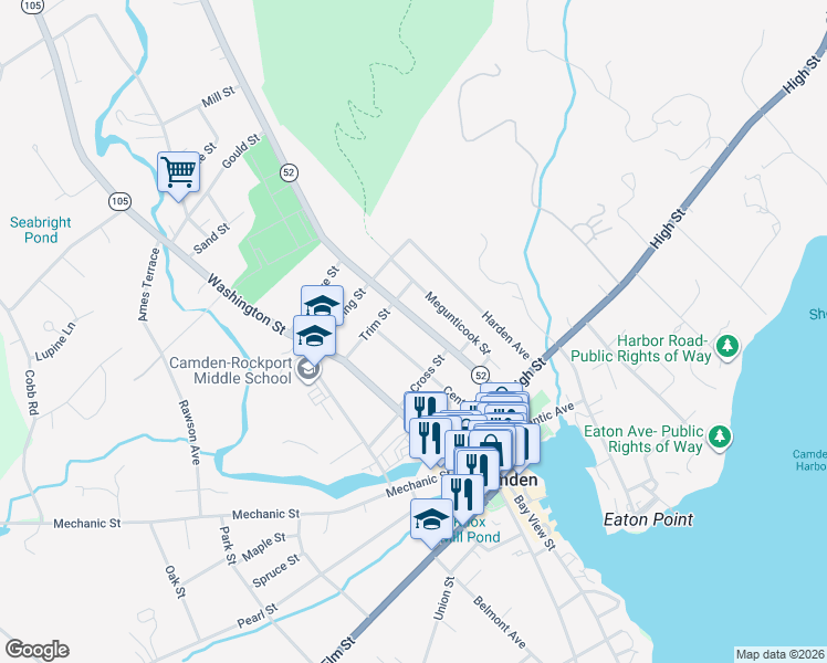 map of restaurants, bars, coffee shops, grocery stores, and more near 38 Maine 52 in Camden