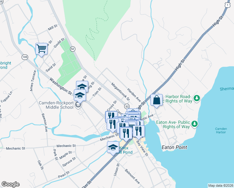 map of restaurants, bars, coffee shops, grocery stores, and more near 25 Mountain Street in Camden
