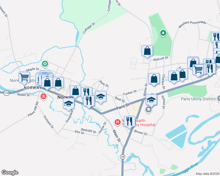 map of restaurants, bars, coffee shops, grocery stores, and more near 13 Hazen Street in Norway