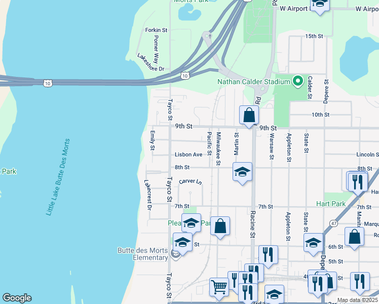 map of restaurants, bars, coffee shops, grocery stores, and more near 348 Lisbon Avenue in Menasha