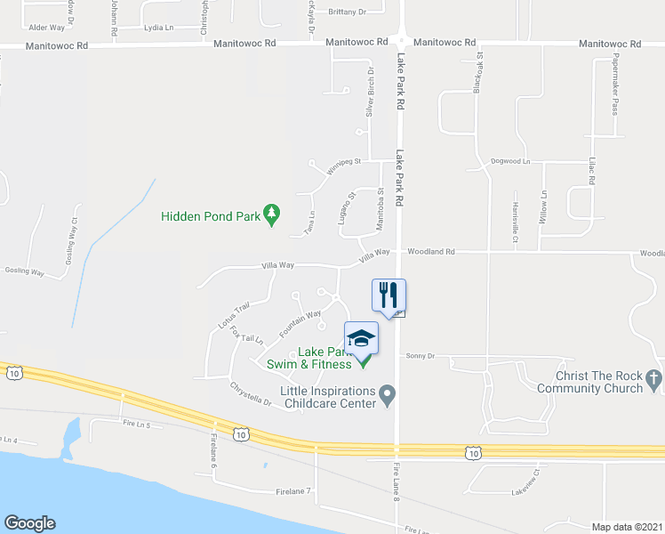 map of restaurants, bars, coffee shops, grocery stores, and more near 2814 Villa Way in Menasha