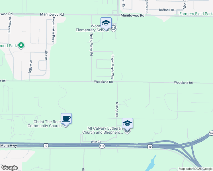 map of restaurants, bars, coffee shops, grocery stores, and more near W6135 Woodland Rd in Menasha