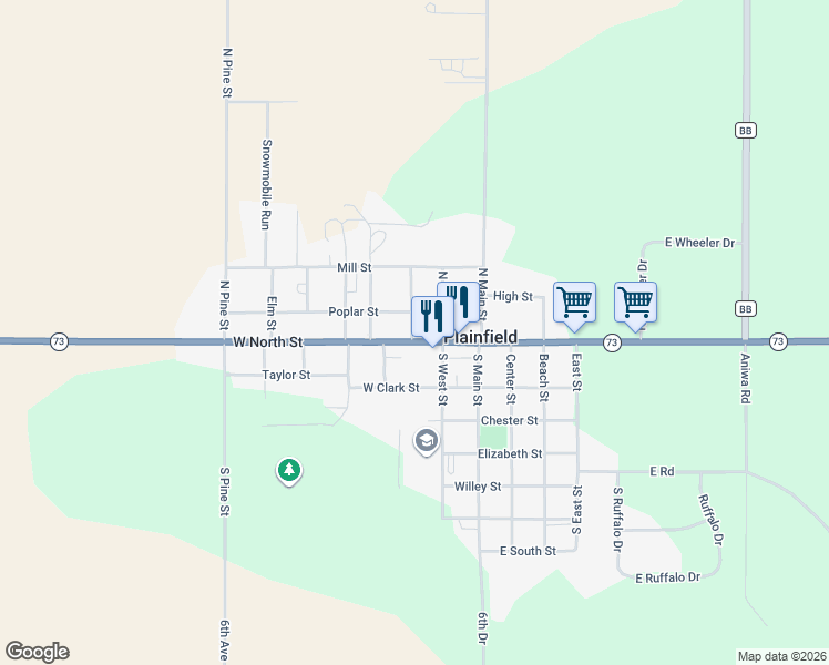 map of restaurants, bars, coffee shops, grocery stores, and more near 218 West North Street in Plainfield