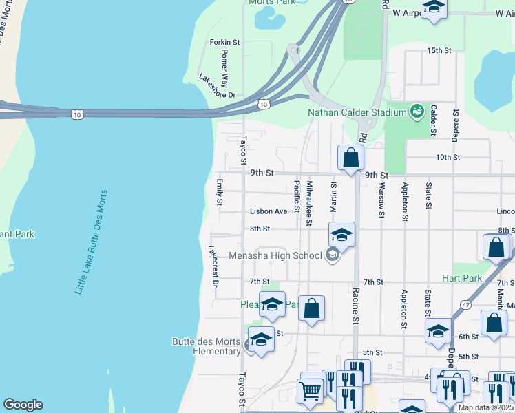 map of restaurants, bars, coffee shops, grocery stores, and more near 312 Lisbon Avenue in Menasha