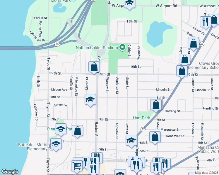map of restaurants, bars, coffee shops, grocery stores, and more near 825 Warsaw Street in Menasha