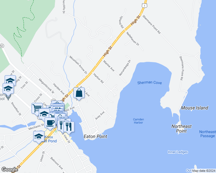 map of restaurants, bars, coffee shops, grocery stores, and more near 20 Harbor Road in Camden