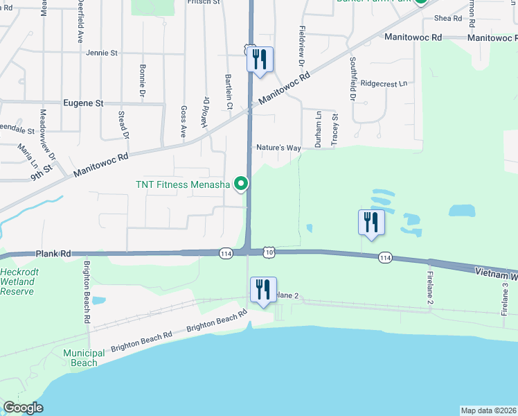 map of restaurants, bars, coffee shops, grocery stores, and more near 865 Oneida Street in Menasha