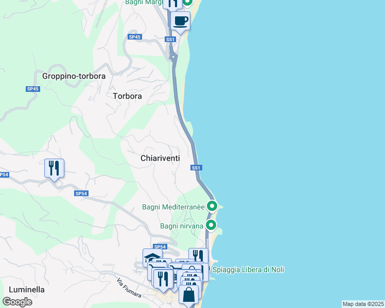 map of restaurants, bars, coffee shops, grocery stores, and more near 8 Strada Statale 1 in Provincia di Savona