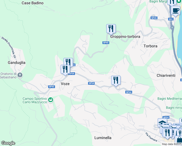 map of restaurants, bars, coffee shops, grocery stores, and more near 21 Regione Costa in Voze