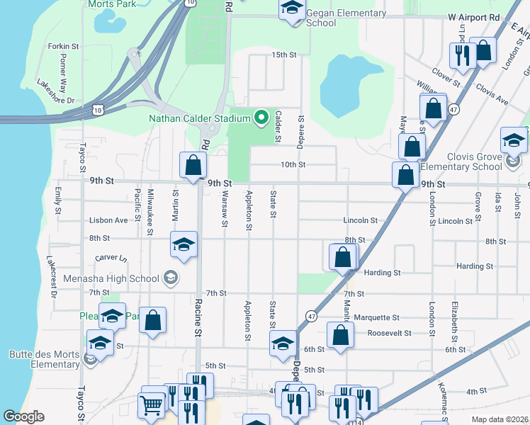 map of restaurants, bars, coffee shops, grocery stores, and more near 844 State Street in Menasha