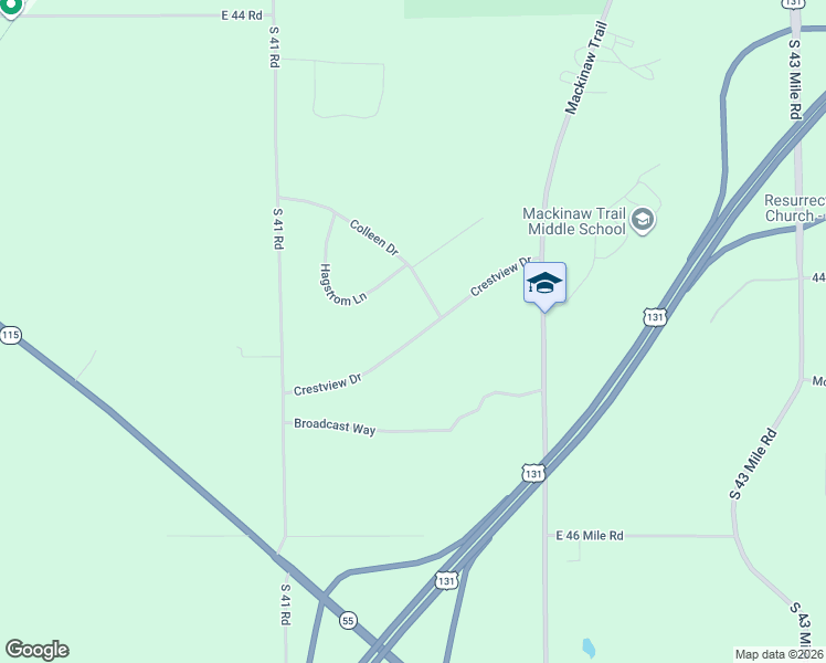 map of restaurants, bars, coffee shops, grocery stores, and more near 8101-8299 Crestview Drive in Cadillac