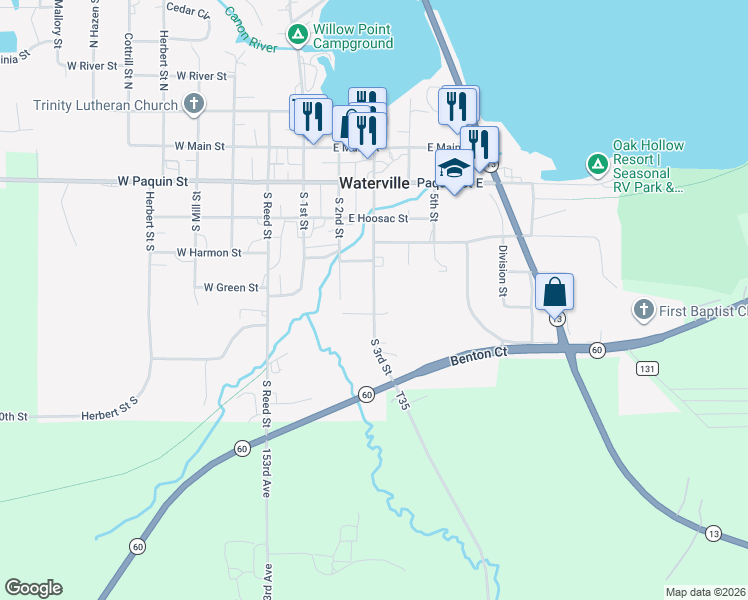 map of restaurants, bars, coffee shops, grocery stores, and more near 725 South 3rd Street in Waterville