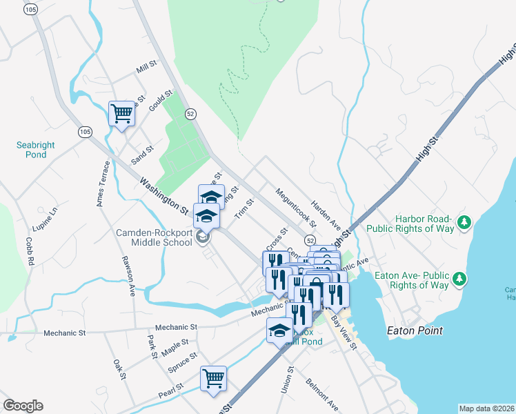 map of restaurants, bars, coffee shops, grocery stores, and more near 38 Maine 52 in Camden
