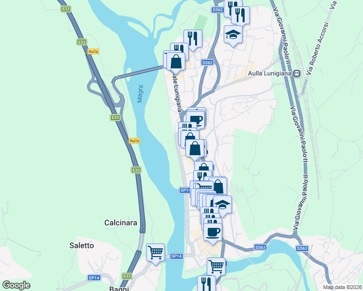 map of restaurants, bars, coffee shops, grocery stores, and more near 93 Piazza 8 Marzo in Aulla