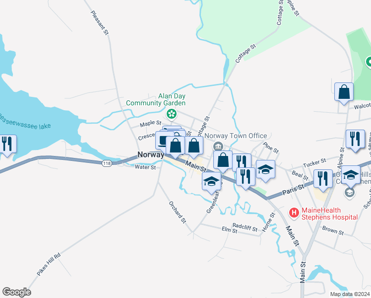 map of restaurants, bars, coffee shops, grocery stores, and more near 8 Deering Street in Norway
