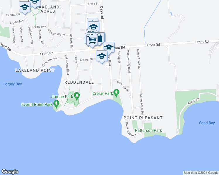 map of restaurants, bars, coffee shops, grocery stores, and more near 43 Crerar Boulevard in Kingston