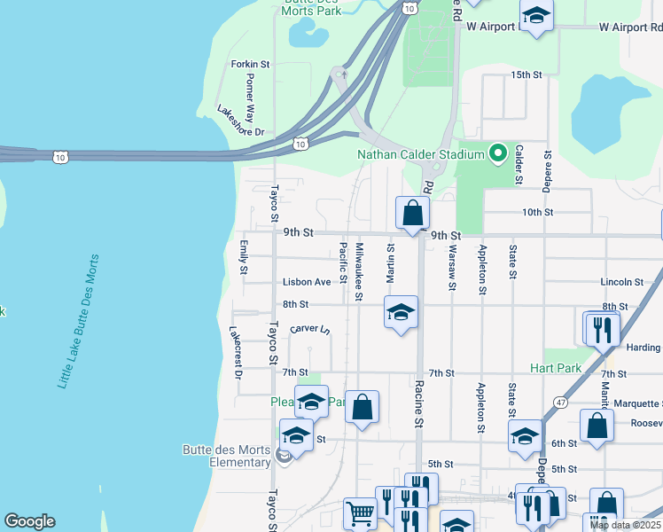 map of restaurants, bars, coffee shops, grocery stores, and more near 348 Lisbon Avenue in Menasha