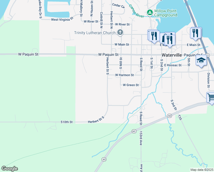 map of restaurants, bars, coffee shops, grocery stores, and more near Herbert Street South in Waterville