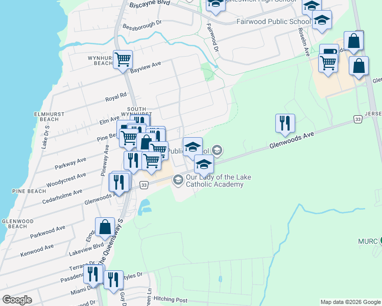 map of restaurants, bars, coffee shops, grocery stores, and more near 9 Lowndes Avenue in Georgina