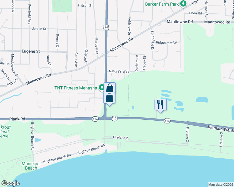 map of restaurants, bars, coffee shops, grocery stores, and more near 865 Oneida Street in Menasha