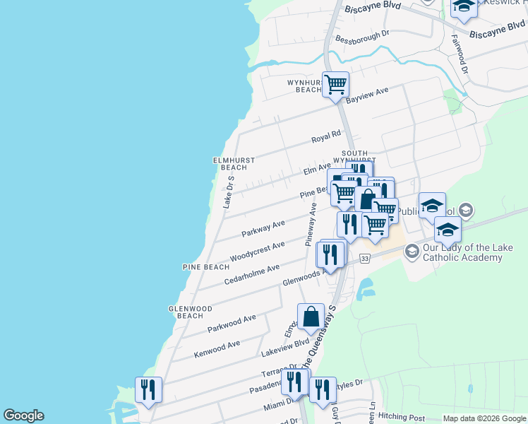 map of restaurants, bars, coffee shops, grocery stores, and more near 257 Pine Beach Drive in Georgina