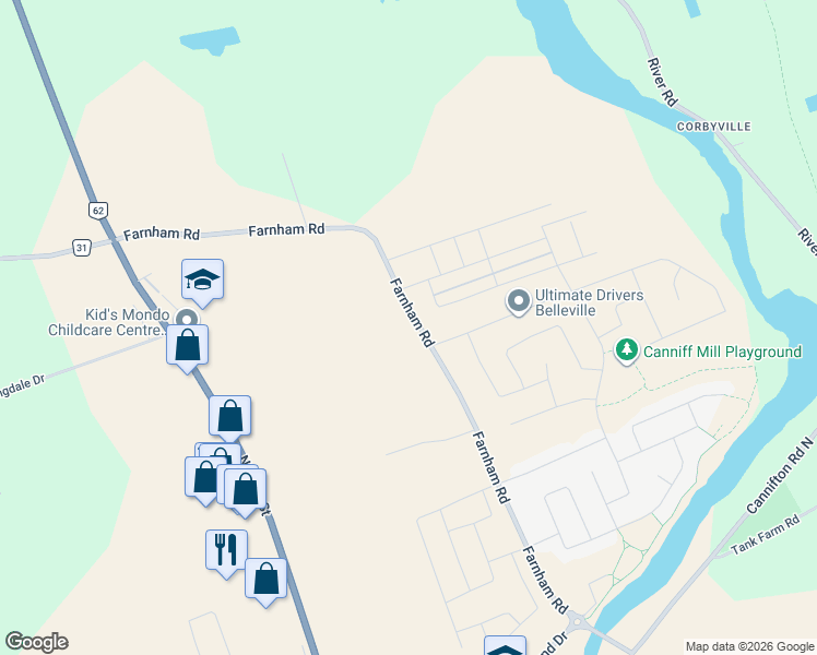 map of restaurants, bars, coffee shops, grocery stores, and more near 254 Farnham Road in Belleville