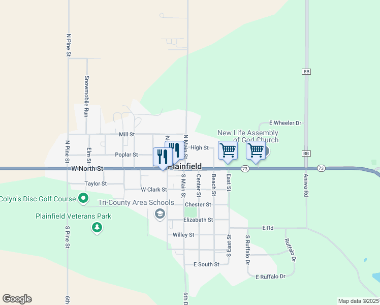 map of restaurants, bars, coffee shops, grocery stores, and more near 126 East North Street in Plainfield