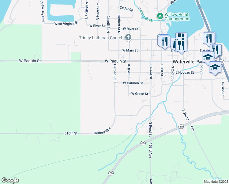 map of restaurants, bars, coffee shops, grocery stores, and more near Herbert Street South in Waterville