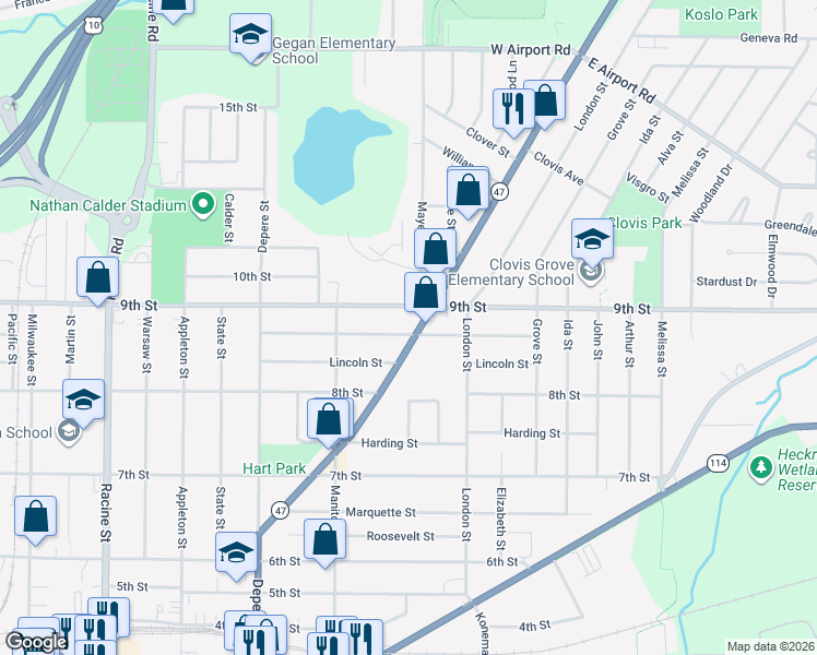 map of restaurants, bars, coffee shops, grocery stores, and more near 848 9th Street in Menasha